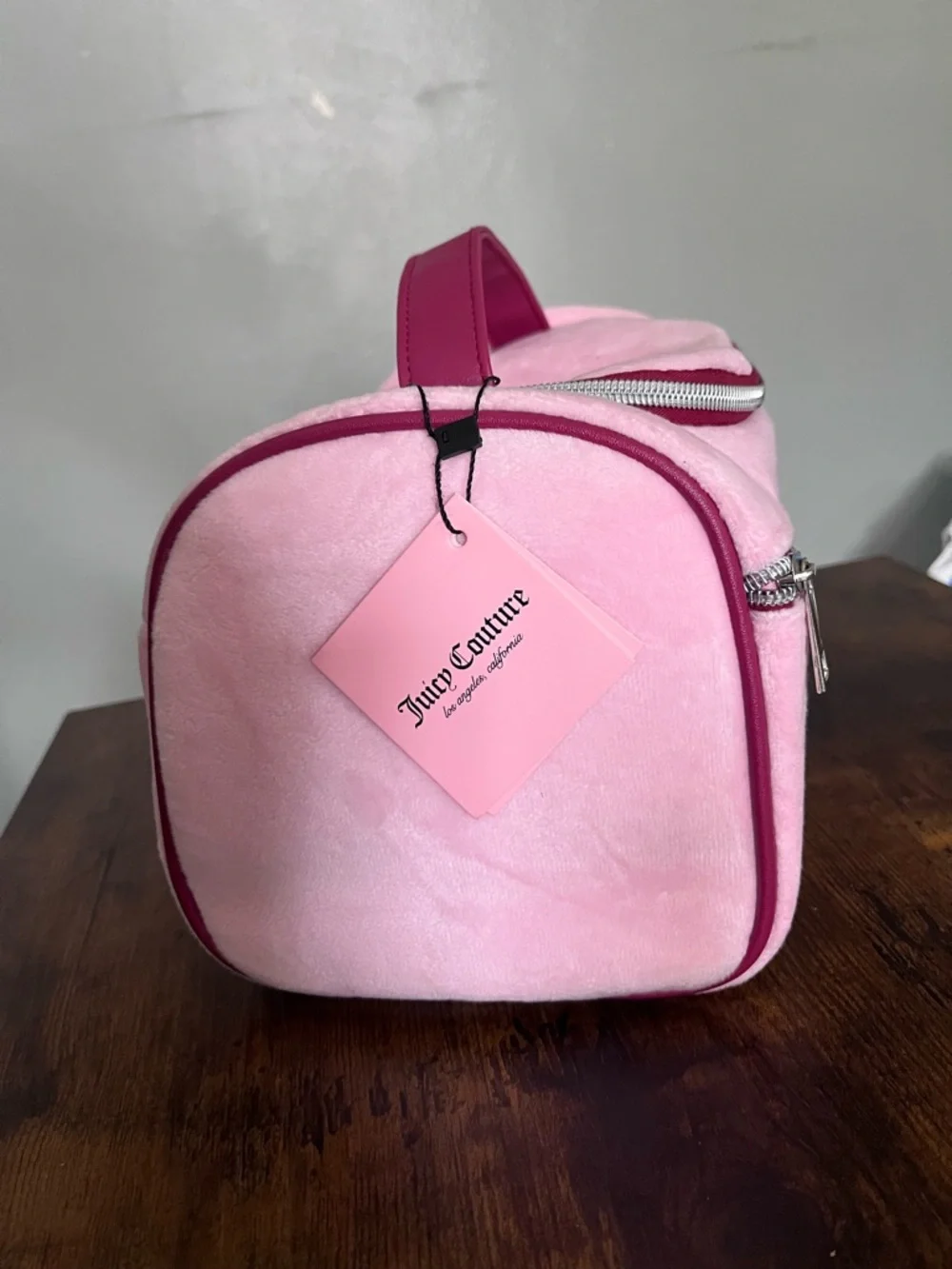 Juicy Couture Pink Plush Embroidered 'Juicy' Cosmetic Bag with Crystal Accents - Picture 2 of 5